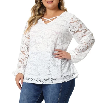 Agnes Orinda Women's Plus Size Lace Sheer Long Sleeve Layer Cross Elastic Cuff V Neck Blouse 1 Agnes Orinda Women's Plus Size Lace Sheer Long Sleeve Layer Cross Elastic Cuff V Neck Blouse