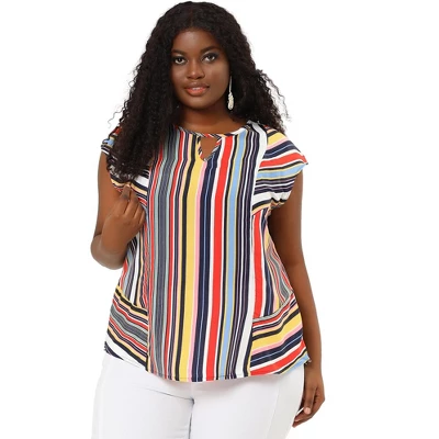 Agnes Orinda Women's Plus Size Blouse Keyhole Neck Cap Sleeve Stripe Top 2 Agnes Orinda Women's Plus Size Blouse Keyhole Neck Cap Sleeve Stripe Top - Image 2