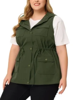 Agnes Orinda Women's Plus Size Utility Vest Sleeveless Anorak Cargo Drawstring Jacket