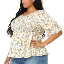 Agnes Orinda Women's Plus Size Floral Ruffle Smock Sleeve V Neck Peplum Blouses -Agnes Sales Store GUEST cce6f0fd 8add 4a95 b772 28e67d8eb14f