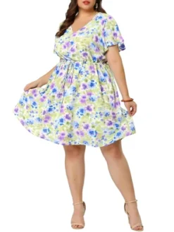 Agnes Orinda Women's Plus Dresses Floral Drawstring Waist V Neck Dress