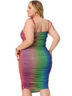 Agnes Orinda Women's Plus Size Rainbow Tie Shoulder Gathering Bodycon Midi Dress -Agnes Sales Store GUEST ce57f2f6 7891 440d a3bb 65aa5b596723