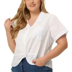 Agnes Orinda Women's Plus Size Flat Collar Twist Hem Chest Pocket Short Sleeve Shirt Top -Agnes Sales Store GUEST cf4424c0 9743 4372 9535 20930c135c71