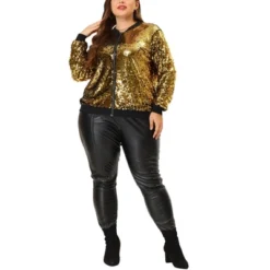 Agnes Orinda Women's Plus Size Party Metallic Sequin Sparkle Zip Bomber Jackets