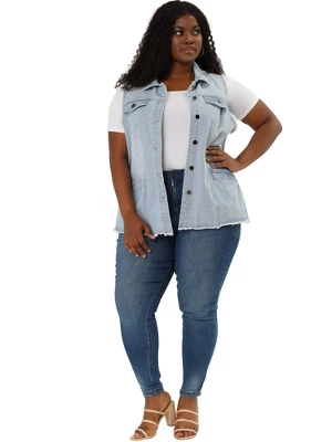 Agnes Orinda Women's Plus Size Denim Button Down Raw Hem Denim Vests 2 Agnes Orinda Women's Plus Size Denim Button Down Raw Hem Denim Vests - Image 2
