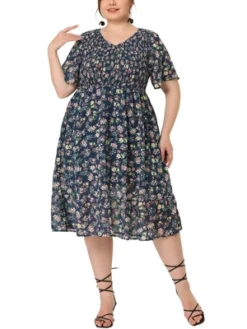 Agnes Orinda Women's Plus Size Outfits Smocked Elegant Floral Flare Midi Shirtdress -Agnes Sales Store GUEST d03e16ae fcac 42c7 b2fb fc5d85f08ea1