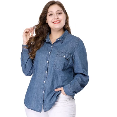 Agnes Orinda Women's Plus Size Denim Long Sleeve Chest Pocket Work Shirt 7 Agnes Orinda Women's Plus Size Denim Long Sleeve Chest Pocket Work Shirt - Image 7