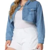 Agnes Orinda Women's Plus Size Classic Denim Long Sleeve Washed Jean Cropped Jacket