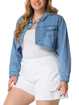 Agnes Orinda Women's Plus Size Classic Denim Long Sleeve Washed Jean Cropped Jacket 1 Agnes Orinda Women's Plus Size Classic Denim Long Sleeve Washed Jean Cropped Jacket