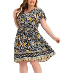 Agnes Orinda Women's Plus Size Fashion Boho Floral Smock Waist Outfits Midi Dresses -Agnes Sales Store GUEST d0deddb9 d354 4a1b 9ce9 ce85b0270432