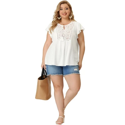 Agnes Orinda Women's Plus Size Blouse Ruffle Sleeve Lace Trim Tie Neck Peasant Top 2 Agnes Orinda Women's Plus Size Blouse Ruffle Sleeve Lace Trim Tie Neck Peasant Top - Image 2