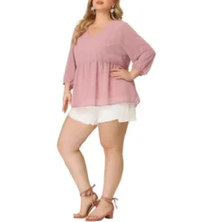 Agnes Orinda Women's Plus Size Chiffon Babydoll Long Sleeve Swiss Dots Blouses