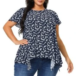 Agnes Orinda Women's Plus Size Floral Irregular Hem Casual Peplum Blouse