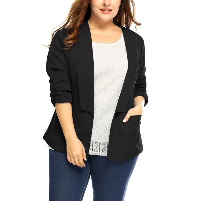 Agnes Orinda Women's Plus Size Fashion Formal With 3/4 Pleated Sleeves And Shawl Collar Blazers 2 Agnes Orinda Women's Plus Size Fashion Formal With 3/4 Pleated Sleeves And Shawl Collar Blazers - Image 2