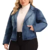 Agnes Orinda Women's Plus Size Denim Jackets Jean Notched Lapel Work Blazers
