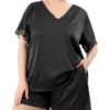 Agnes Orinda Plus Size Satin Pajamas Women's 2023 Summer Lace V Neck Short Sleeve With Shorts Silk Set Sleepwear