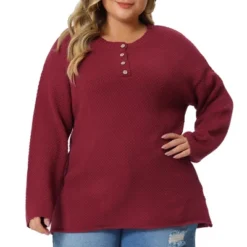 Agnes Orinda Women's Plus Size Oversized Round Neck Long Sleeve Button Knit Pullover Sweater Tops