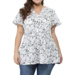 Agnes Orinda Women's Plus Size Peplum V Neck Smocked Waist Floral Chiffon Blouse