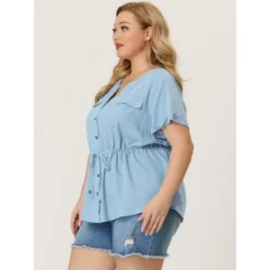 Agnes Orinda Women's Plus Size Drawstring Waist Button Down Chambray Blouse -Agnes Sales Store GUEST d683f816 ae5c 4a6c adbf 444a5bf13642