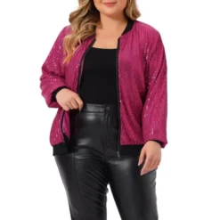 Agnes Orinda Women's Plus Size Party Metallic Sequin Sparkle Zip Bomber Jackets -Agnes Sales Store GUEST d70de487 e507 4311 a395 9faefeb31f8c