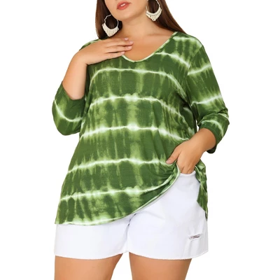 Agnes Orinda Women's Plus Size Tie Dye Side Slit 3/4 Sleeve Stripe V Neck Blouses 10 Agnes Orinda Women's Plus Size Tie Dye Side Slit 3/4 Sleeve Stripe V Neck Blouses - Image 10