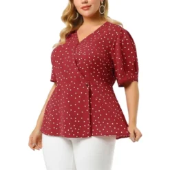 Agnes Orinda Women's Plus Size Polka Dots V Neck Short Sleeve Wrap Peplum Blouse -Agnes Sales Store GUEST d8c87a05 cf89 4427 b438 e229bb700bf0