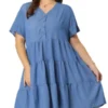 Agnes Orinda Women's Plus Size Babydoll Tiered V Neck Short Sleeve Chambray Dresses