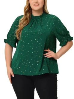 Agnes Orinda Women's Plus Size Work Pleated Keyhole Back Star Print Puff Sleeve Blouses -Agnes Sales Store GUEST d9a370fb c61c 4d88 a193 6fc6b9f1086b