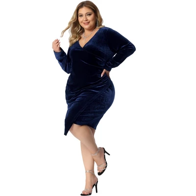 Agnes Orinda Women's Plus Size Velvet Faux Wrap V Neck Ruched Long Sleeve Party Cocktail Bodycon Dress 2 Agnes Orinda Women's Plus Size Velvet Faux Wrap V Neck Ruched Long Sleeve Party Cocktail Bodycon Dress - Image 2