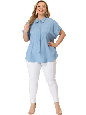 Agnes Orinda Women's Plus Size Chambray Work Roll Sleeves Buttons Down Shirts 2 Agnes Orinda Women's Plus Size Chambray Work Roll Sleeves Buttons Down Shirts - Image 2