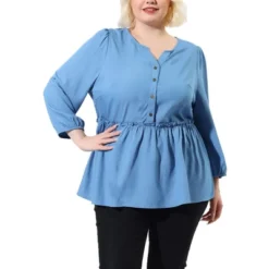 Agnes Orinda Women's Plus Size Peplum Top Pullover Puff Sleeve High Waist Chambray Blouse -Agnes Sales Store GUEST da628983 0e18 492d 8571 f8875584646f