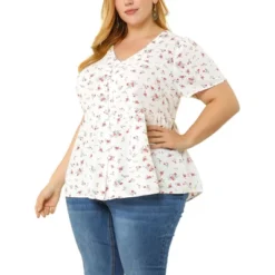 Agnes Orinda Women's Plus Size V Neck Ruffle Hem Short Sleeve Cinched Waist Floral Peplum Top -Agnes Sales Store GUEST da79192b 6aef 4517 930a 903db42acf59