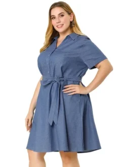 Agnes Orinda Women's Plus Size Buttons Belted Short Sleeves Chambray Shirtdress -Agnes Sales Store GUEST da8619ad c24e 418c 9d71 98aa3be4ad40