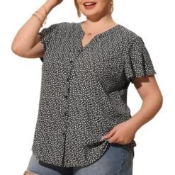 Agnes Orinda Women's Plus Size Floral Flare Short Sleeve Button Down Chiffon Shirt