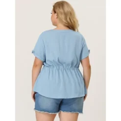 Agnes Orinda Women's Plus Size Drawstring Waist Button Down Chambray Blouse -Agnes Sales Store GUEST db6c8d52 0b59 4285 9417 464e23019e26