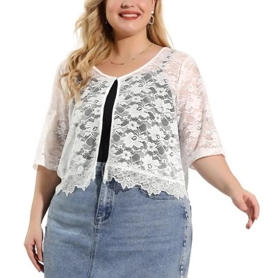 Agnes Orinda Women's Plus Size Sheer Shrug Tops Elbow Sleeve Floral Lace Open Front Shrug Top 6 Agnes Orinda Women's Plus Size Sheer Shrug Tops Elbow Sleeve Floral Lace Open Front Shrug Top - Image 6