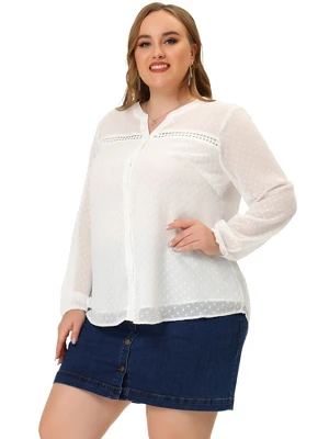 Agnes Orinda Women's Plus Size Swiss Dots V Neck Hollow Sheer Sleeves Blouses 2 Agnes Orinda Women's Plus Size Swiss Dots V Neck Hollow Sheer Sleeves Blouses - Image 2
