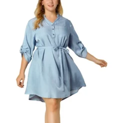 Agnes Orinda Women's Plus Size 3/4 Sleeve Belted High Low Hem Chambray T-Shirt Dress -Agnes Sales Store GUEST deed16a6 3371 4068 9903 eef88d3407b8