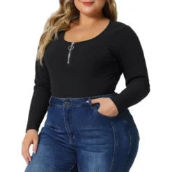Agnes Orinda Women's Plus Size Zipper Deep Scoop Neck Long Sleeve Tops Bodysuit Jumpsuit -Agnes Sales Store GUEST e0008e4f 3ca2 4f91 ad70 22c80efec488