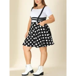 Agnes Orinda Plus Size Suspender Skirt For Women Detachable Strap A-Line Polka Dots Skirts