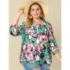 Agnes Orinda Women's Plus Size 3/4 Sleeves Self Tie Neck Floral Blouse