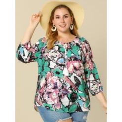 Agnes Orinda Women's Plus Size 3/4 Sleeves Self Tie Neck Floral Blouse