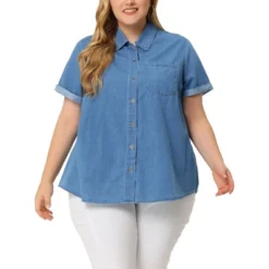 Agnes Orinda Plus Size Button Down Shirt For Women Denim Roll Sleeve Stand Collar Chambray Shirts Top -Agnes Sales Store GUEST e1564995 98fd 4b7f 9e0a b2ea5b6b65bc
