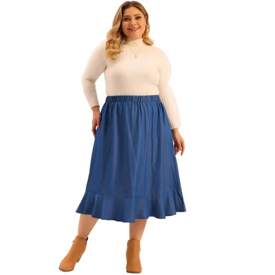 Agnes Orinda Women's Plus Size Midi Elastic Waist Denim Tiered Pleated Hem Chambray Skirts 2 Agnes Orinda Women's Plus Size Midi Elastic Waist Denim Tiered Pleated Hem Chambray Skirts - Image 2