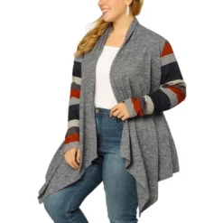 Agnes Orinda Women's Plus Size Outerwear Asymmetric Colorblock Open Front Knit Cardigan