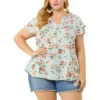 Agnes Orinda Women's Plus Size Floral Ruffle Trim V Neck Layered Sleeve Blouse