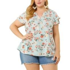 Agnes Orinda Women's Plus Size Floral Ruffle Trim V Neck Layered Sleeve Blouse
