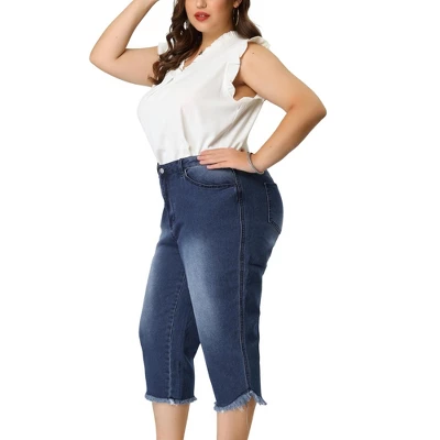 Agnes Orinda Women's Plus Size Casual Capri Frayed Hem Washed Chambray Denim Jean 1 Agnes Orinda Women's Plus Size Casual Capri Frayed Hem Washed Chambray Denim Jean