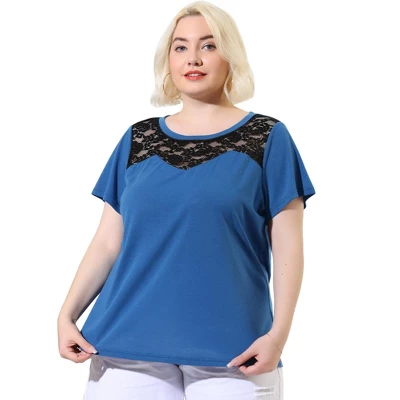 Agnes Orinda Women's Plus Size Lace Insert Short Sleeves Round Neck T-shirts 9 Agnes Orinda Women's Plus Size Lace Insert Short Sleeves Round Neck T-shirts - Image 9