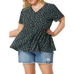 Agnes Orinda Women's Plus Size V Neck Ruffle Hem Short Sleeve Cinched Waist Floral Peplum Top -Agnes Sales Store GUEST e2c7ff9c e904 403c b3e3 a861f86a46f5